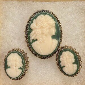 Whiting & Davis Vintage Cameo Set • Green & Cream Brooch + Clip Earrings